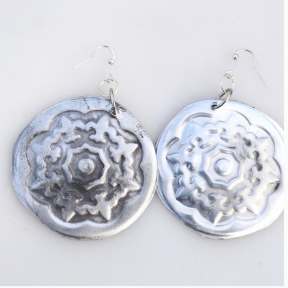 Big Silver Embossed Silver Boho Earrings Hippie Lightweight Aluminum Handmade - Picture 4 of 5